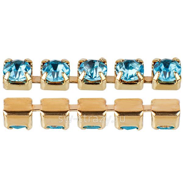 Стразовая цепь 2 мм  Light turquoise\gold